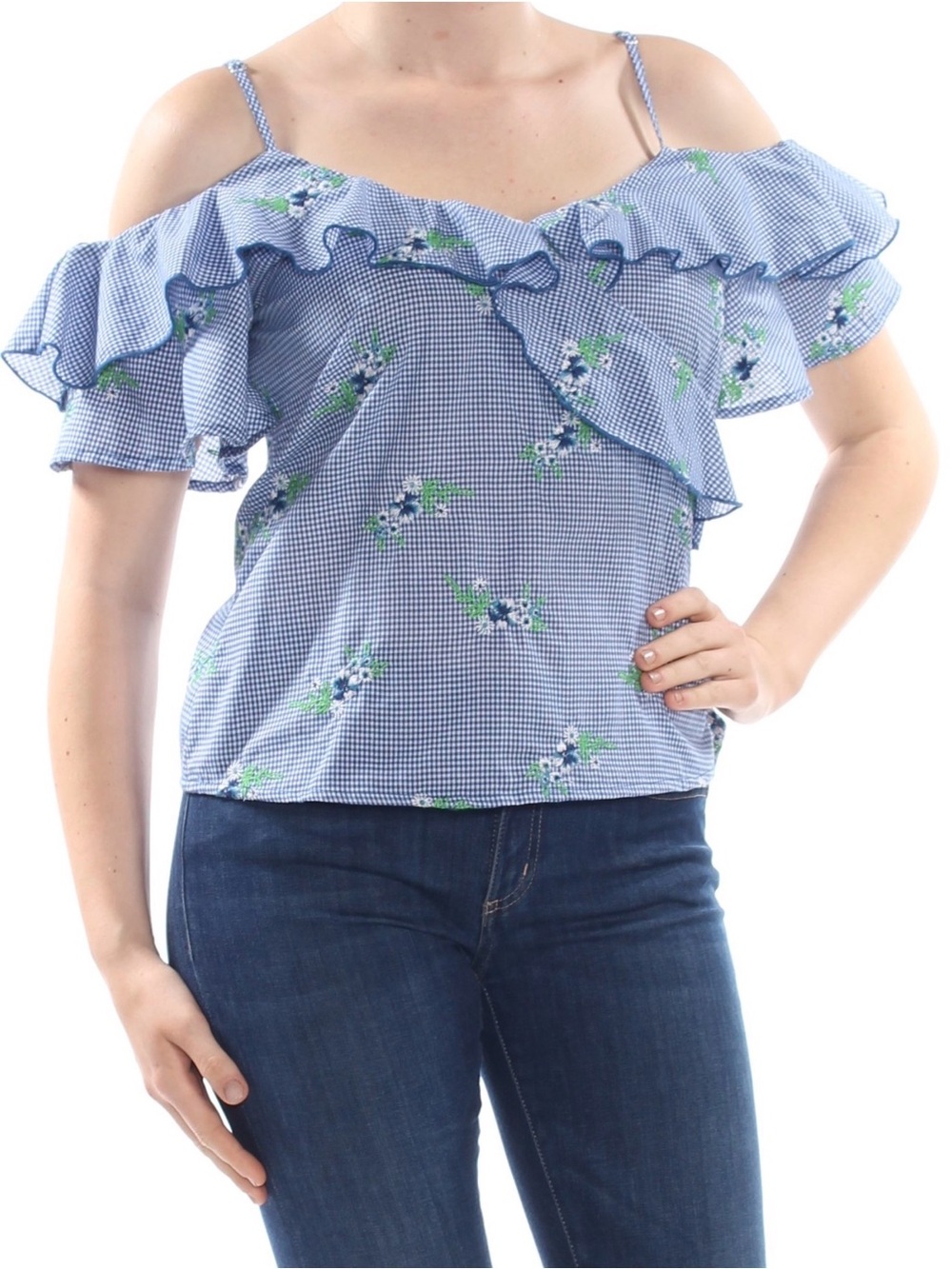 Gypsies & Moondust Women's Blue White Check Ruffled Cold Shoulder Blouse Top S